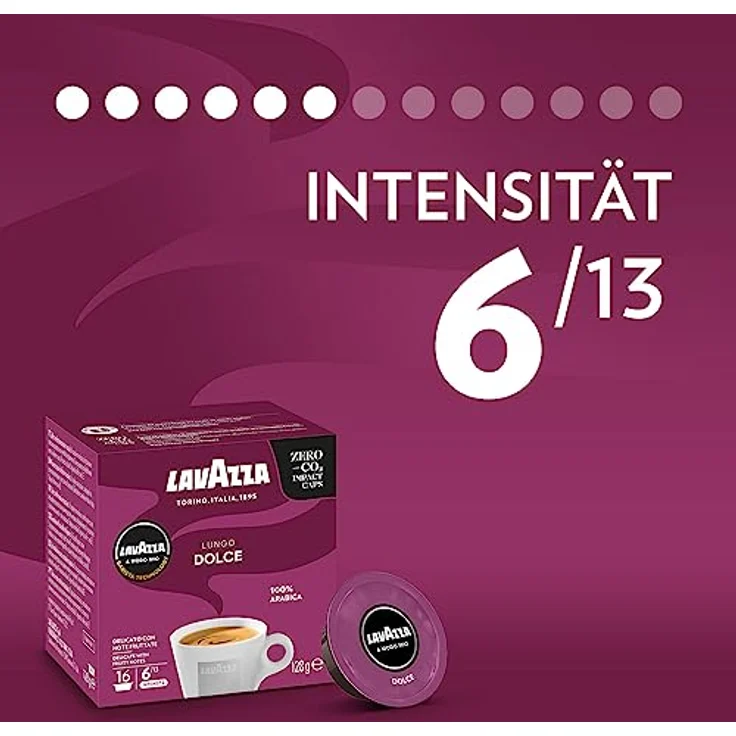Lavazza A Modo Mio Lungo Dolce, 16 Kaffeekapseln, 100% Arabica, mittlere Röstung, Aromanoten von Trockenfrüchten, Intensität 6/13 – Bild 2