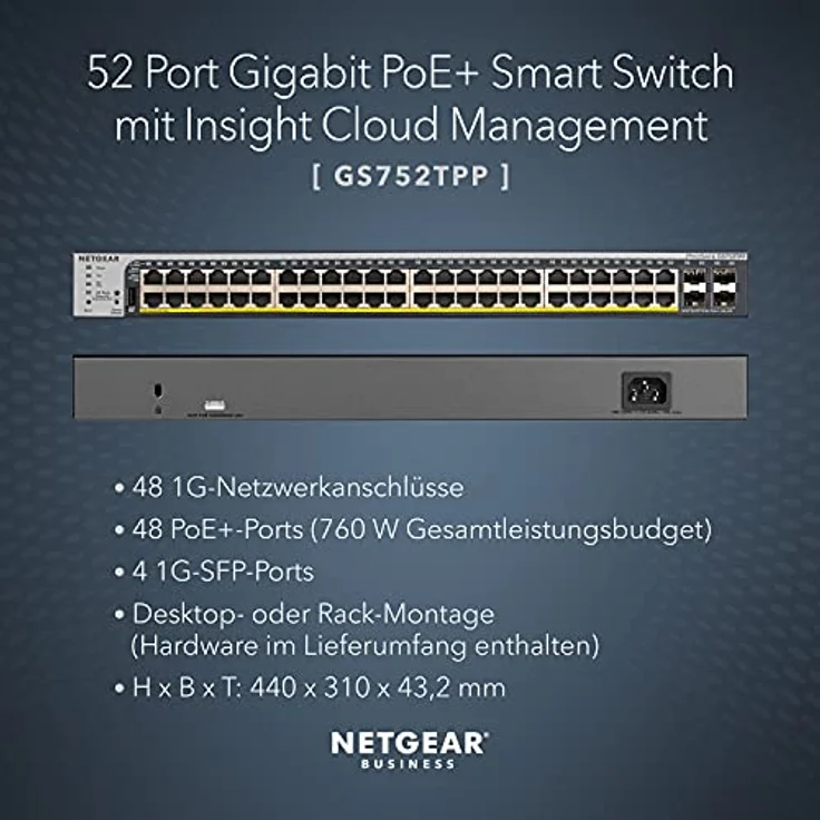 Netgear GS752TPP 52-Port Gigabit Ethernet LAN PoE Switch Smart Managed Pro (mit 48x PoE+ 760W, 4x 1G-SFP, Desktop- oder Rack-Montage mit ProSAFE Lifetime-) schwarz – Bild 2