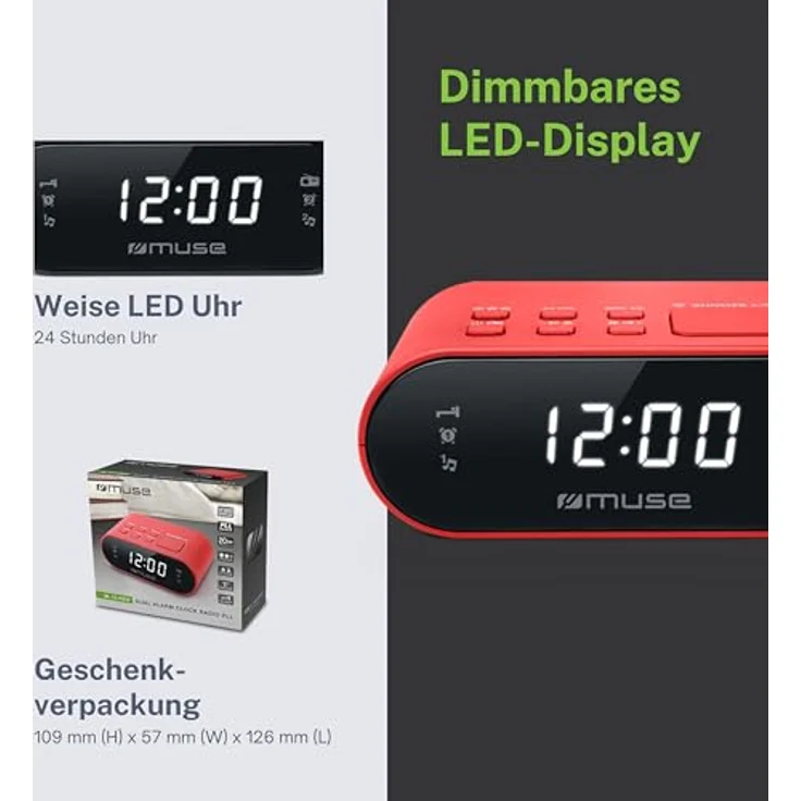 Muse M-10 RD Radiowecker mit LED-Display, Zwei Weckzeiten, dimmbar, digitaler UKW-Tuner, 20 Senderspeicher, rot – Bild 6