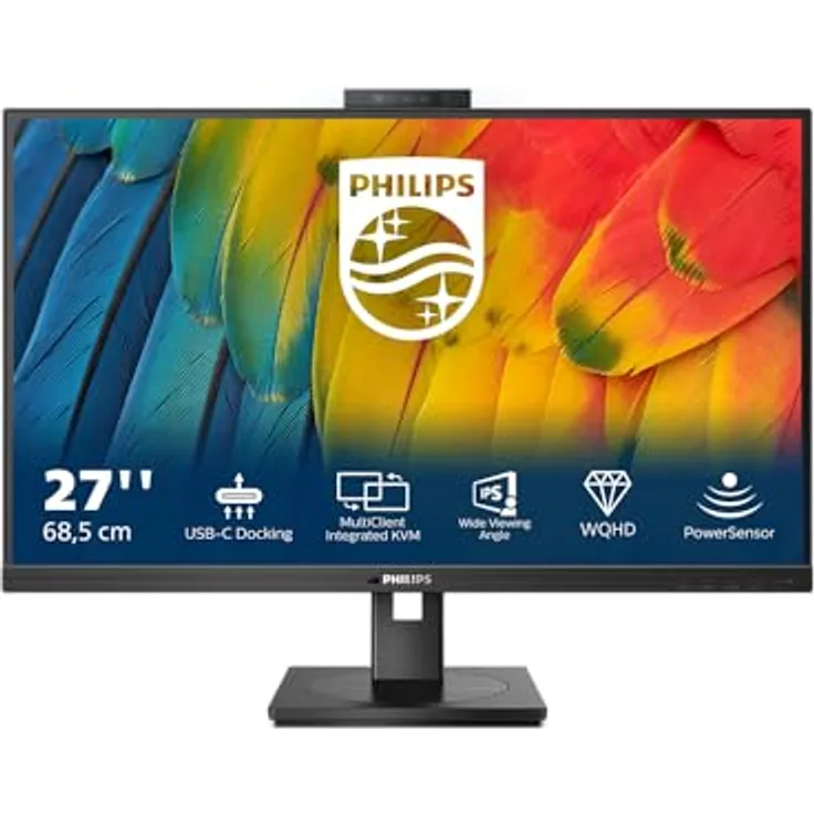 Philips 27B1U5601H - 27 Zoll QHD Monitor, 5 MP Webcam, höhenverstellbar, Lautsprecher (2560x1440, 75 Hz, HDMI, DisplayPort, USB-C, RJ45, USB Hub) schwarz
