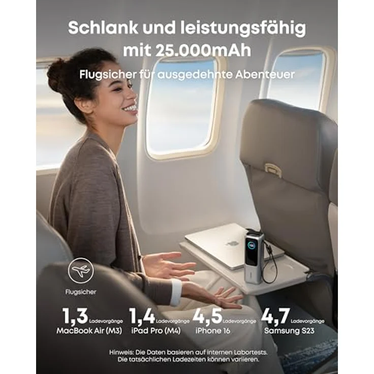 Anker Laptop Powerbank, 25.000mAh externer Akku mit 3X 100W USB-C Ports, Integriertes + einziehbares Kabel, Für iPhone 16/15, MacBook, Samsung - Schwarz – Bild 4