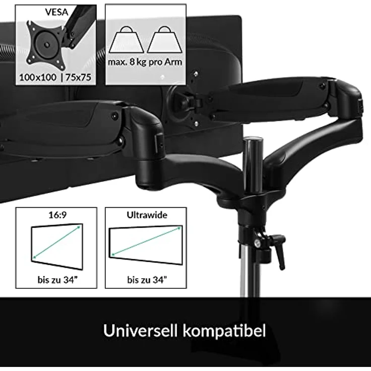 ARCTIC Z2-3D (Gen 3) - Dual-Monitorarm mit Gasliftarm für zwei Monitore, Monitorhalterung für bis zu 34''-34'' Ultrawide, bis zu 8 kg-17.6 Ibs pro Arm, neigbar, schwenkbar, höhenverstellbar – Bild 2