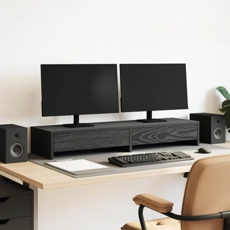 vidaXL Monitorständer mit Schubladen, schwarz in Eichen-Optik, 100x27x15 cm, Monitorerhöhung und Schreibtischaufsatz mit reichlich Stauraum – Bild 2