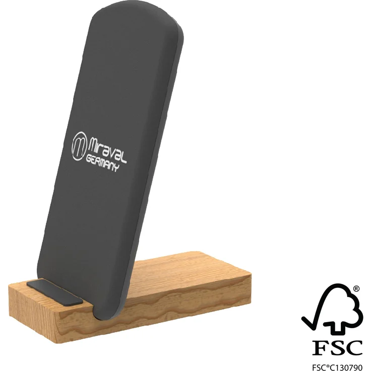 Miraval Wireless Charger, kabelloses Ladegerät mit 15 W Schnellladeleistung, graue Textiloberfläche und Bambus-Standfuß, Schwarz