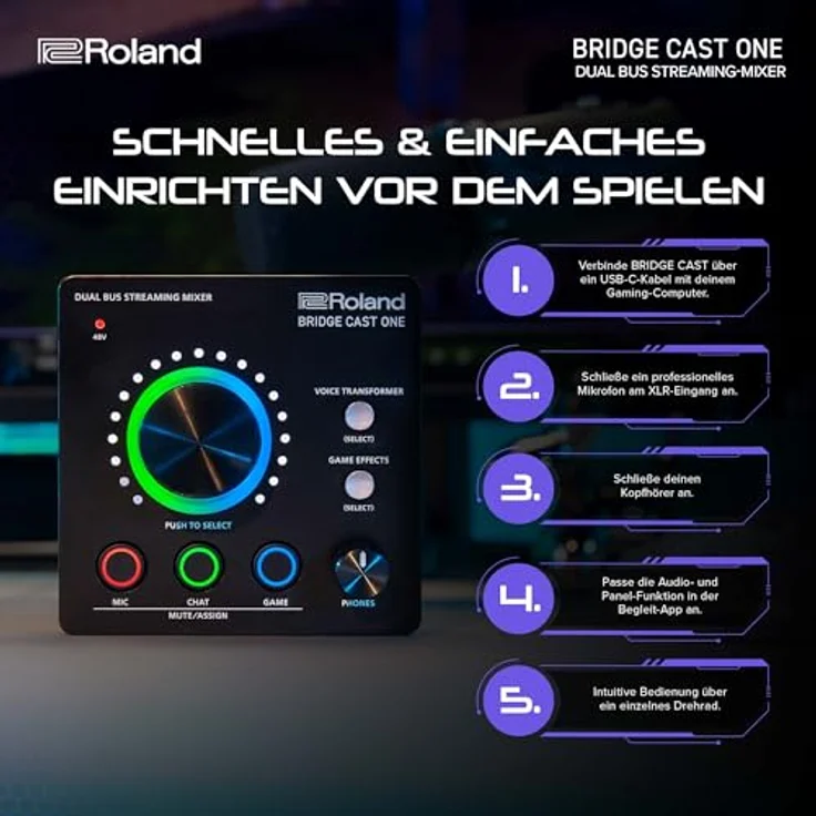 Roland BRIDGE CAST ONE Dual Bus Streaming Mixer | Kompakter Audio-Streaming-Mixer | Für Online-Gamer & Content-Produzenten | 32-Bit Hardware-DSP | USB-C Verbindung für Windows und Mac – Bild 5