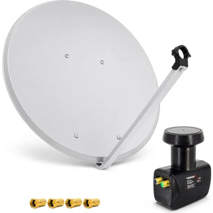 PremiumX Satelliten-Komplettanlage 100cm, Aluminium Antenne in Hellgrau, Twin LNB für bis zu 2 Teilnehmer, Digitaler Empfang für 8K, 4K, UHD, FullHD, DVB-S/S2 – Bild 1