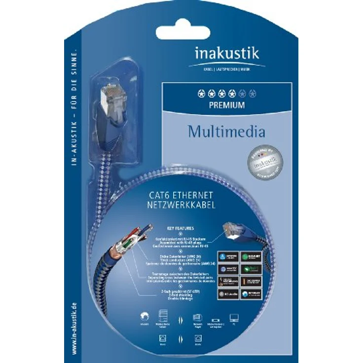 inakustik – 004803005 – Premium CAT6 Netzwerkkabel | LAN-Kabel für HD Audio- und HD Video-Streaming | 0,5m in Blau/Silber | 2-Fach geschirmt - Dicke Datenleiter (AWG 24) - SF-UTP Ausführung – Bild 4