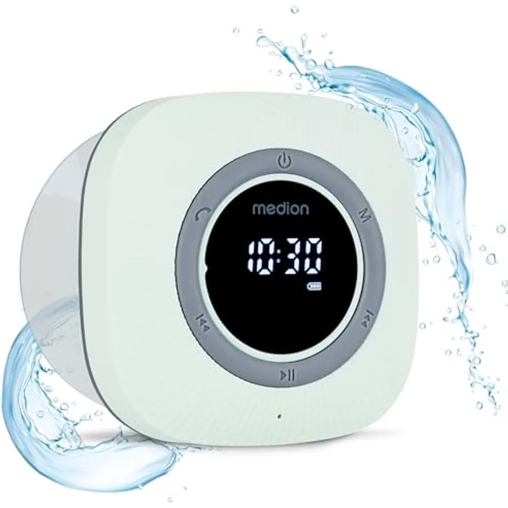 MEDION P66096 Duschradio mit Bluetooth (Badradio, UKW Radio, Saugnapf, LED-Display, IPX6 Wasserdicht, integrierter Akku, MD43884) grün