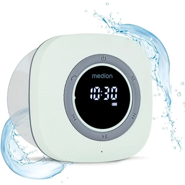 MEDION P66096 Duschradio mit Bluetooth (Badradio, UKW Radio, Saugnapf, LED-Display, IPX6 Wasserdicht, integrierter Akku, MD43884) grün – Bild 1