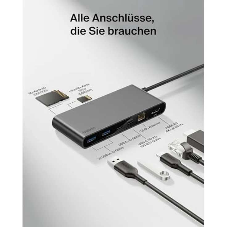 Belkin Connect 8-in-1 USB C Hub, 4K bei 60 Hz, 100 W PD, 10 Gbit/s Datentransfer, 2,5-Gbit/s Ethernet – Grau – Bild 3