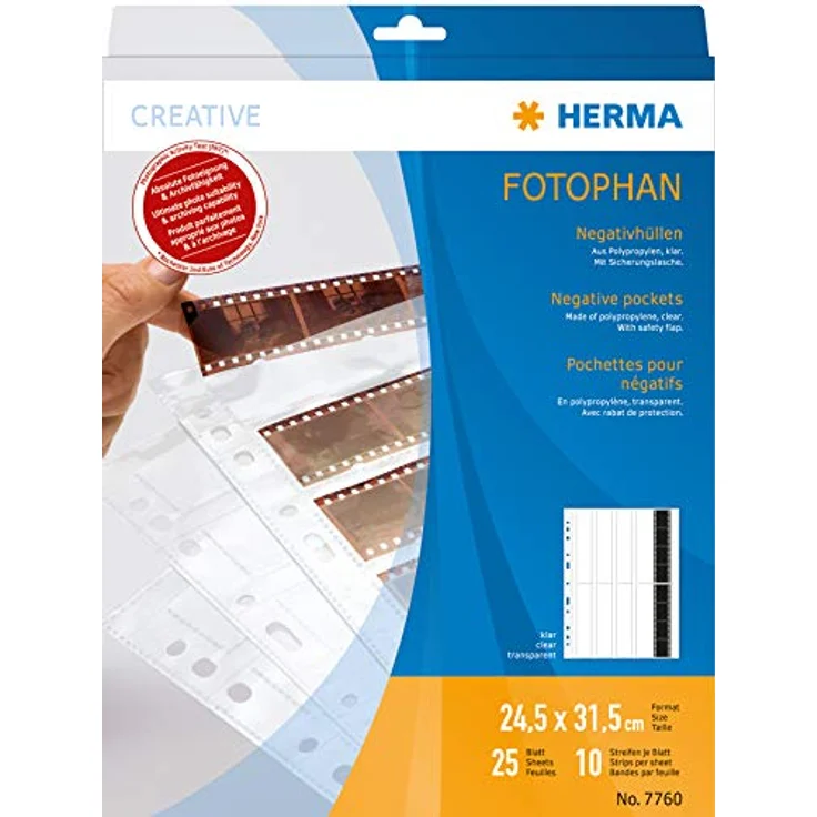 HERMA 7760 Fotophan Negativhüllen DIN A4 transparent (10 x 4 Streifen, 25 Hüllen, Folie) für Kleinbild-Negative im Format 35 mm mit Sicherheitslasche und Eurolochung – Bild 1