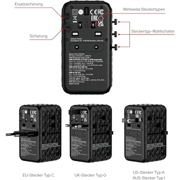Verbatim UTA-10, USB Reiseadapter (140 W) mit Schnellladung, Schwarz, universelle Kompatibilität, Sicherheitsmerkmale – Bild 3
