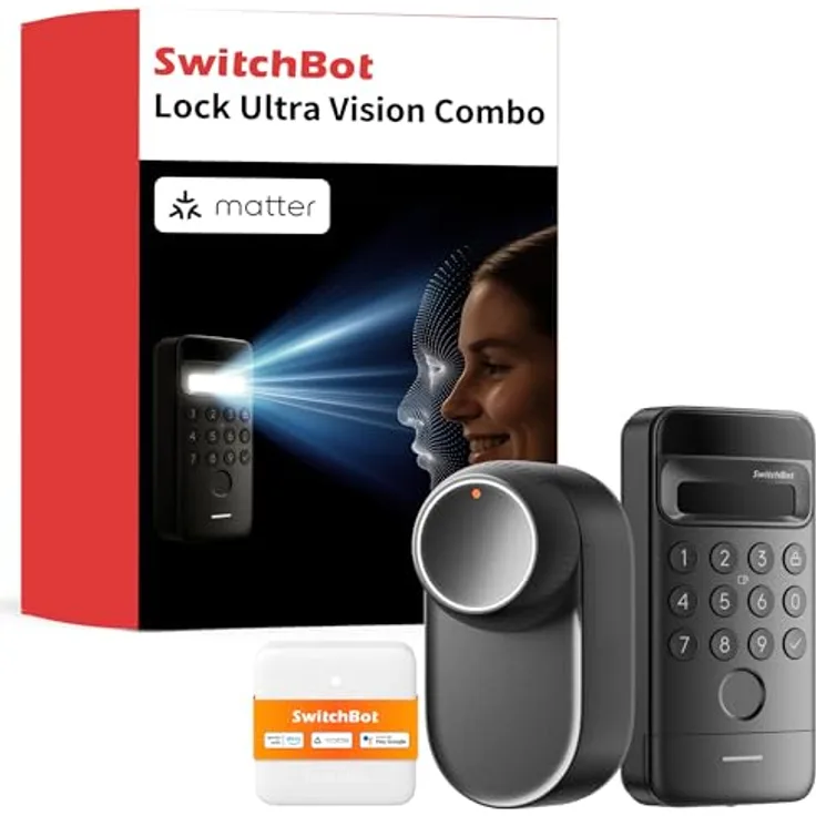 SwitchBot WLAN Smart Lock Ultra Vision, Elektronisches Türschloss mit 3D-Gesichts-/Fingerabdruckerkennung, Aufladbarem Akku, Öffnen per Gesicht, Fingerprint, Code, Alexa, Matter-kompatibel