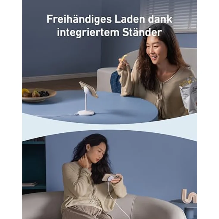 Anker MagGo Wireless Charger (15W), kabelloses Ladegerät mit integriertem Ständer und 360° Drehmechanismus, Weiss – Bild 4