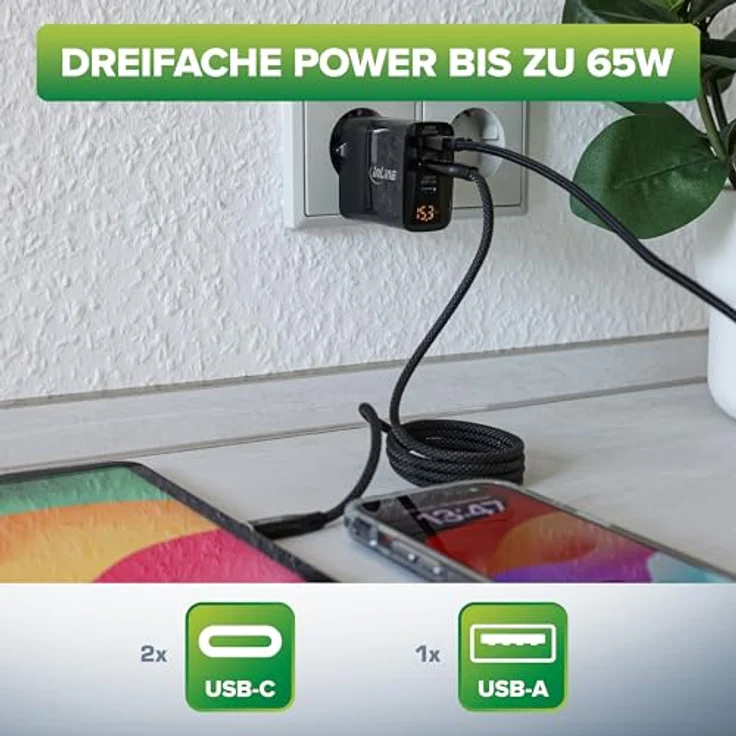 InLine USB-Ladegerät 3-Port GaN 65W mit digitalem Display und Schnellladefunktion für iPhone/Pro/Mini, Samsung und mehr – Bild 3