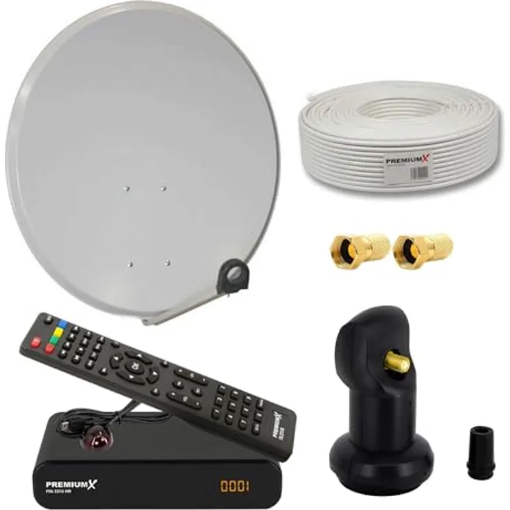 PremiumX Satelliten-Komplettanlage 60cm, Satellitenschüssel in Hellgrau mit Single LNB, 10m Antennen-Kabel, Digital HD SAT Receiver und HDMI-Kabel