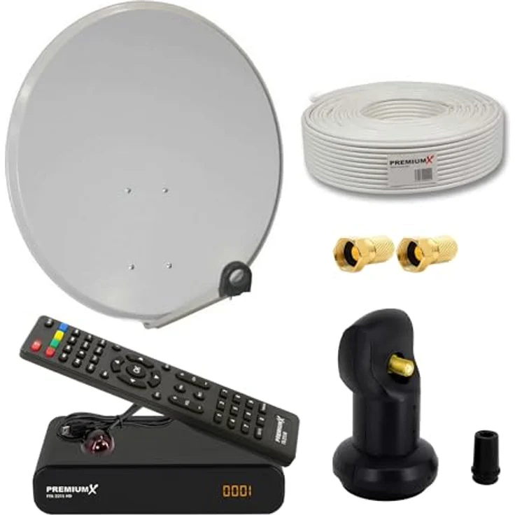 PremiumX Satelliten-Komplettanlage 60cm, Satellitenschüssel in Hellgrau mit Single LNB, 10m Antennen-Kabel, Digital HD SAT Receiver und HDMI-Kabel – Bild 1