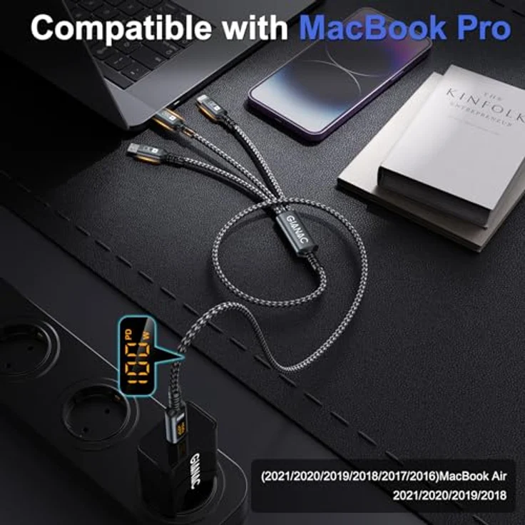 GIANAC 100W USB C auf Multi USB Ladekabel 3 in 1 mit LED Display, kompatibel mit iPhone 16/15/14 und Galaxy S24/S23, 0.5M Schnelllade-Kabel mit E-Mark Chip – Bild 3