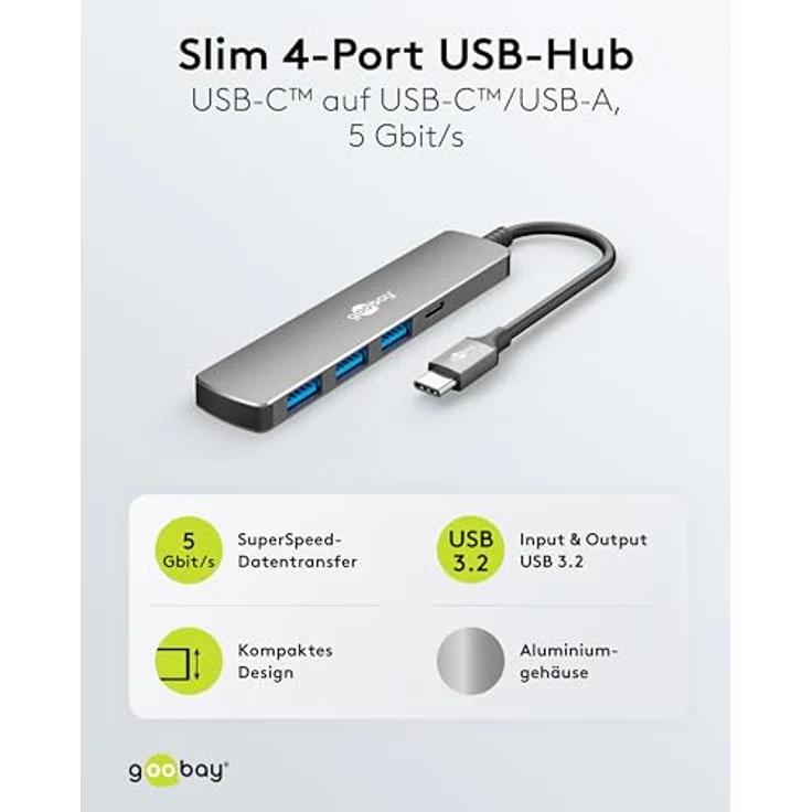 goobay USB C 3.2 Hub, 1xUSB-C & 3xUSB-A, kompakter USB-Hub für Laptop/Tablet/Smartphone, SuperSpeed bis 5 Gbit/s, kompatibel mit Windows/Linux/macOS - 79158 – Bild 2