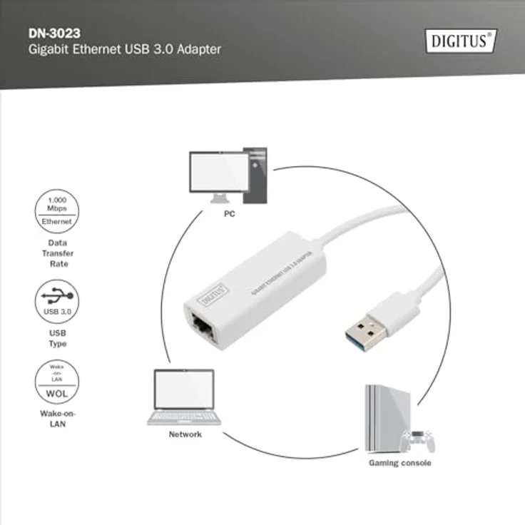DIGITUS Netzwerk-Adapter über USB 3.0 - Gigabit-Ethernet 1 GBit-s RJ45 - Zusätzlicher LAN-Anschluss über USB-A Stecker – Bild 4