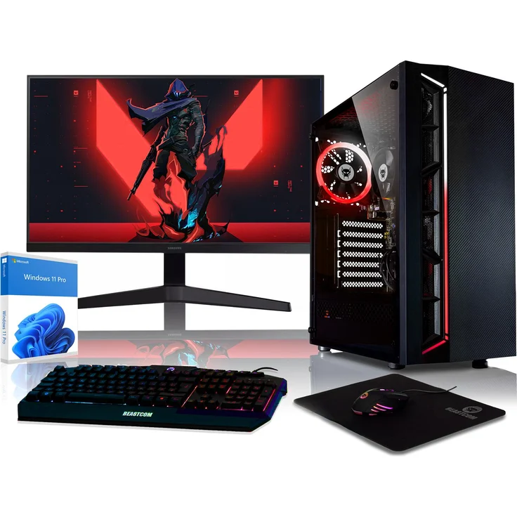 BEASTCOM Q3 Essential Gaming PC Komplett-Set, AMD Ryzen 3 4X 4,00GHz, 16GB RAM, 1TB SSD, 4K Vega 8-Grafik, 24" LED Monitor, Schwarz, Windows 11, inkl. Tastatur, Maus, Mauspad