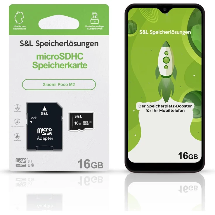 S&L microSD Speicherkarte 16 GB für Xiaomi Poco M2, Class 10 U1, stoßfest und wasserdicht