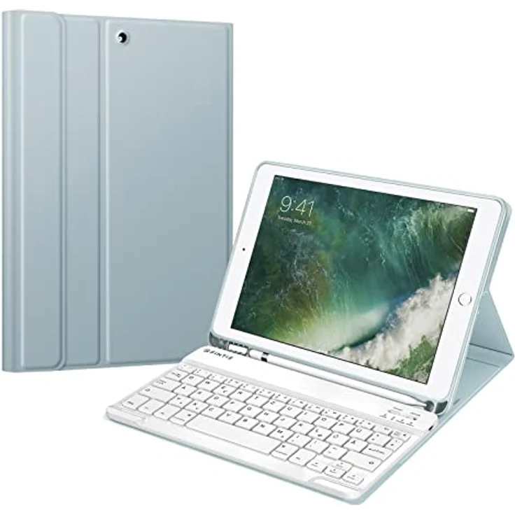 Fintie Tastatur Hülle für iPad 9.7 2018 (6. Generation), Eisblau - Soft TPU Rückseite Gehäuse Keyboard Case mit eingebautem Pencil Halter, magnetisch Abnehmbarer QWERTZ Bluetooth Tastatur – Bild 1