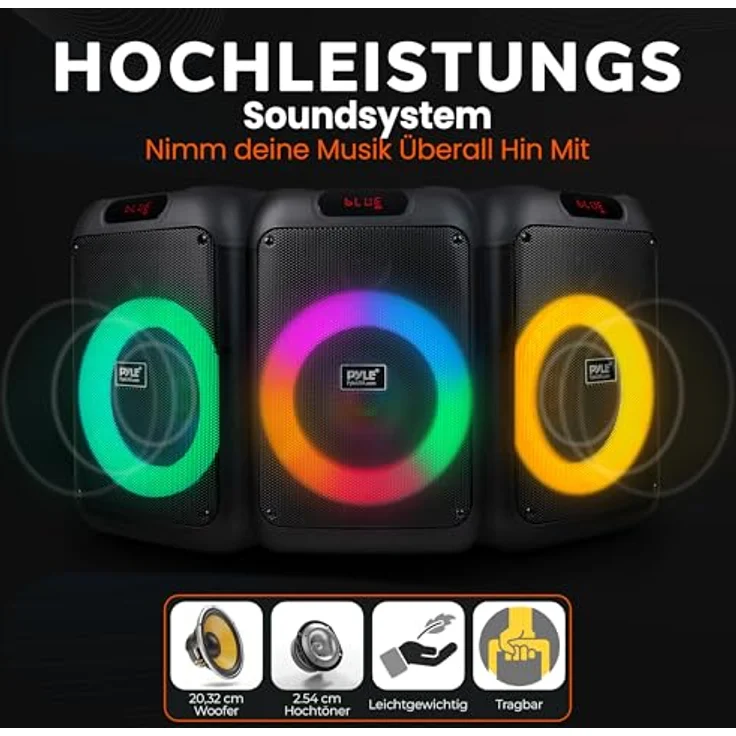 Pyle PBT80A, Bluetooth Partybox mit 100W Leistung, sattem Bass, klaren Höhen, DJ LED Licht, tragbar mit Fernbedienung und Tragetasche, Indoor/Outdoor – Bild 4