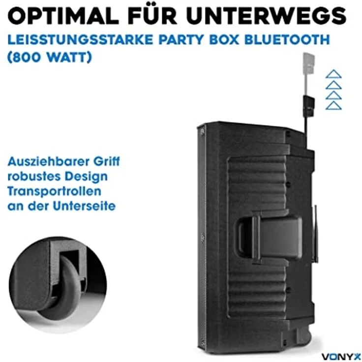 Vonyx VSA500-BP, 12" Tragbares Akku Lautsprecher System mit 800 W Leistung, Bluetooth und zwei drahtlosen Mikrofonen, schwarz – Bild 9