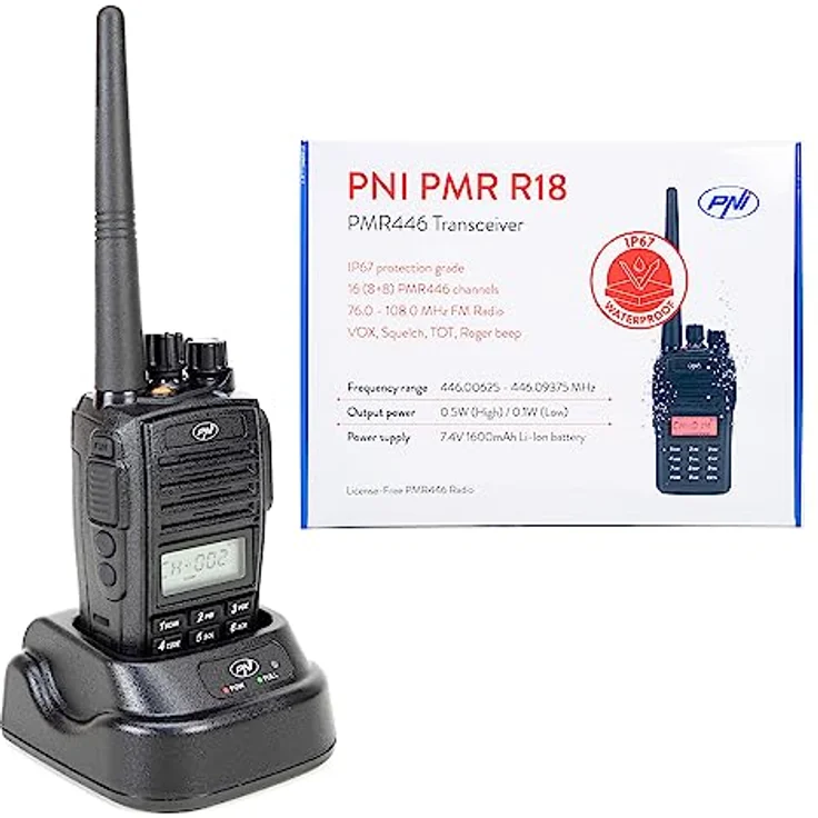 PNI PMR R18, Tragbarer Radiosender 446 MHz, 0,5 W, 8 Kanäle, CTCSS, DCS, FM-Radio, programmierbar, wasserdicht IP67 – Bild 1
