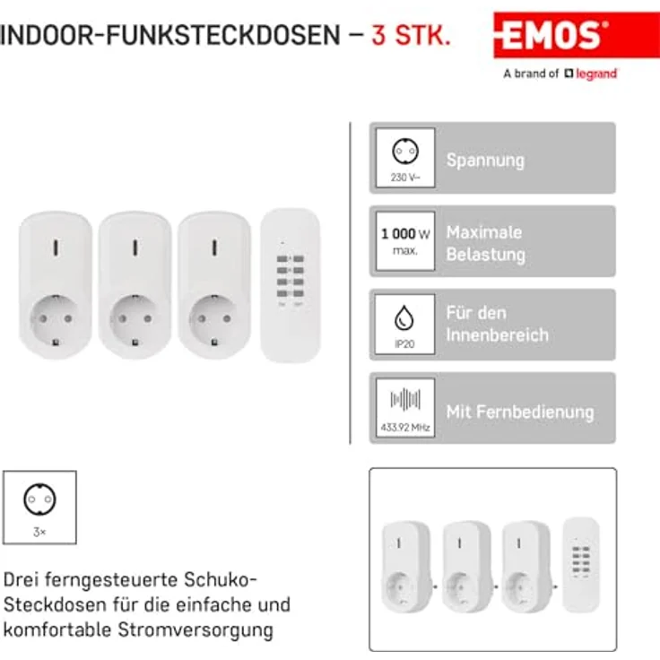 EMOS Funksteckdosen 3er Set mit Fernbedienung, 25m Reichweite, 230 V, 1000 W, IP20 für Innenbereich, weiß – Bild 2