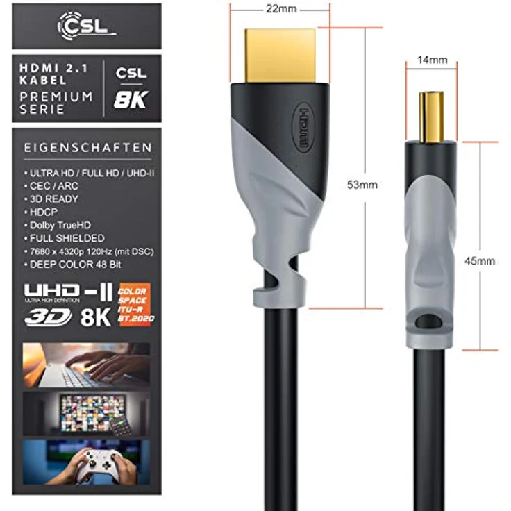 CSL - 8k HDMI Kabel 2.1 5m Meter - 8K @ 60Hz 4K @ 120Hz mit DSC - 48 Gbit/s - HDMI 2.1 2.0a 2.0b - 3D - Highspeed Ethernet - HDTV - UHD II - Dynamic HDR-10+ - eARC - Variable Refresh Rate VRR – Bild 2