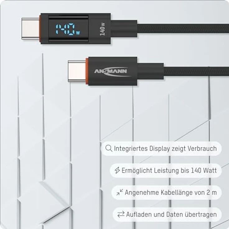 ANSMANN Ladekabel 200 cm USB Typ C für schnelles Aufladen von Smartphone, Tablet, Laptop, etc. mit bis zu 140 W Ausgangsleistung/Hochwertiges Kabel für Büro, Home Office, Gamer, Schlafzimmer – Bild 2