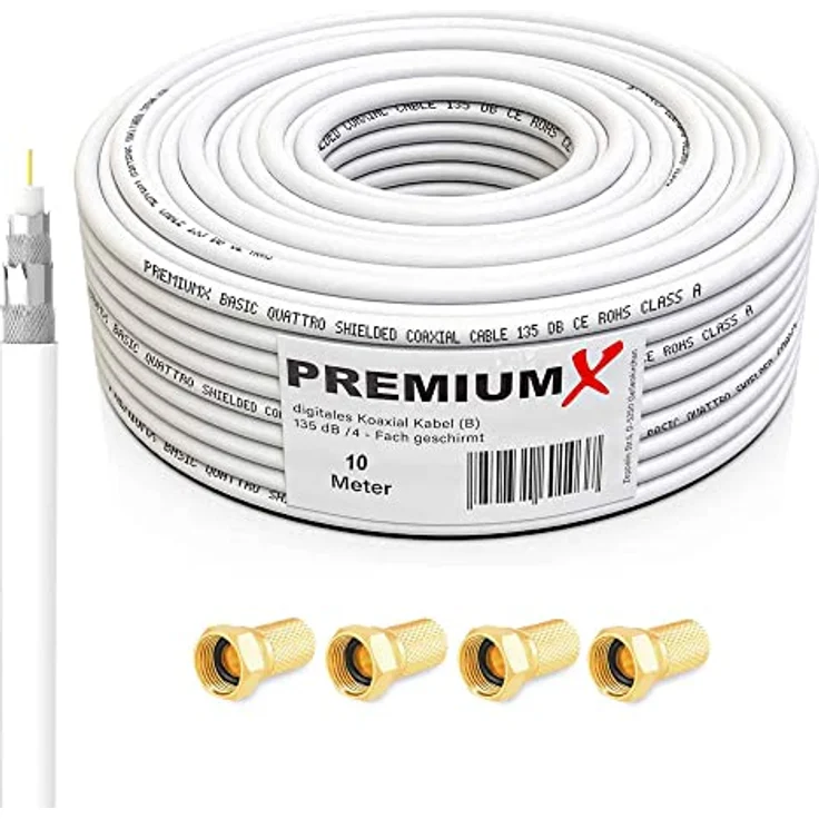 10m PremiumX BASIC Koaxial Kabel 130 dB 4-Fach geschirmt, Kupfer-Stahl SAT Antennenkabel 10 m 130dB Neu+ 4 x F-Stecker 7,5mm in Farbe 'Gold' Gratis – Bild 2