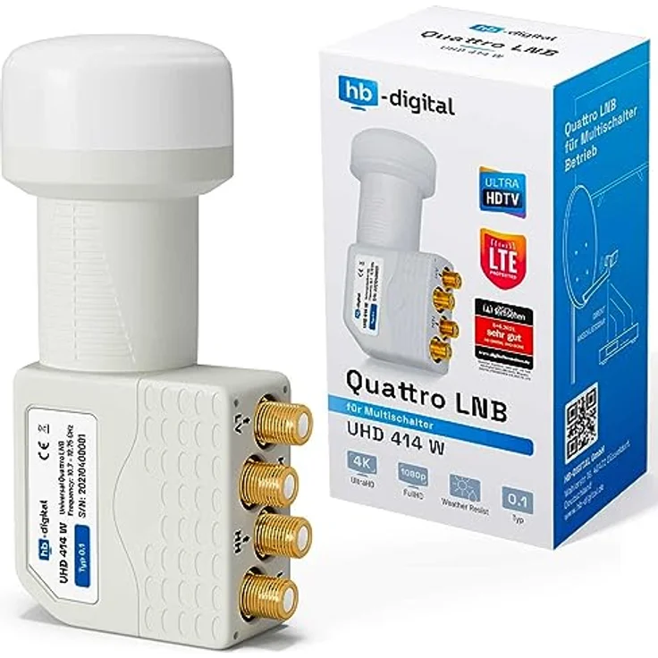 HB-DIGITAL Quattro LNB LNC für Multischalter, Full HD TV 3D 4K, Weiß, vergoldete Kontakte, wetterfest, längerer Hals – Bild 1