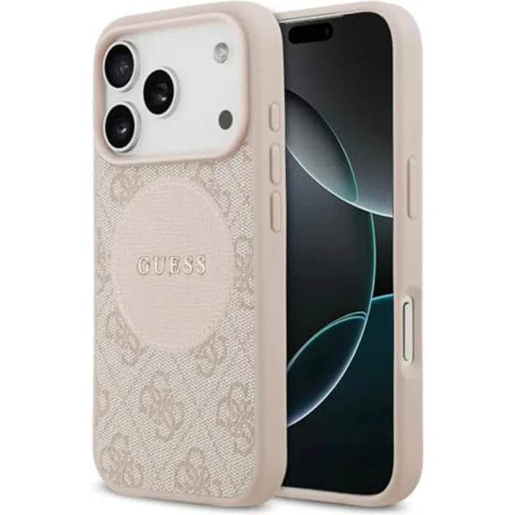 CG MOBILE Guess 4G Circle Classic Logo, MagSafe-kompatible TPU/PC Kunstleder Hülle für iPhone 17 Pro Max, Pink