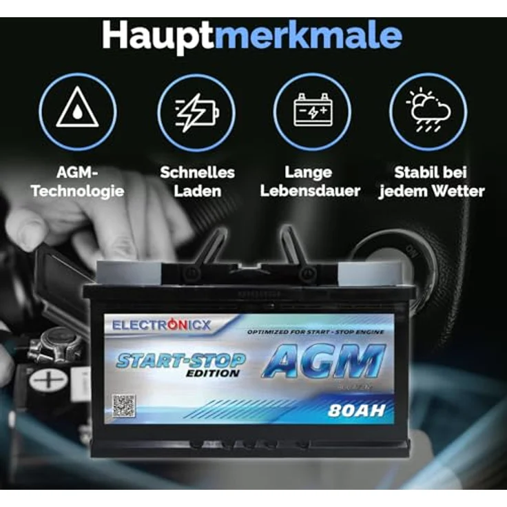 Electronicx AGM Autobatterie 80AH - 12V Starterbatterie für Start-Stop Systeme mit hoher Startkraft, wartungsfrei und sicher – Bild 3