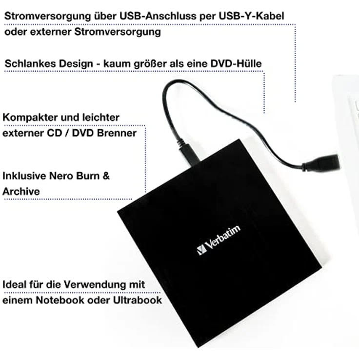 Verbatim External Slimline CD/DVD Writer, USB 3.2 Gen1 mit USB-C Anschluss inkl. USB-C auf USB-A-Kabel, kompaktes Design, Externer DVD-Brenner, Externes CD-Laufwerk, Schlankes Design – Bild 2