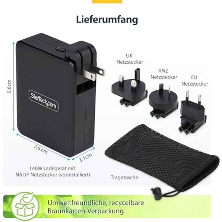 StarTech 3114GCU-WALL-CHARGER, USB-C Ladegerät mit 3 Anschlüssen, 140 W, 28 V, kompakt, Schwarz – Bild 9