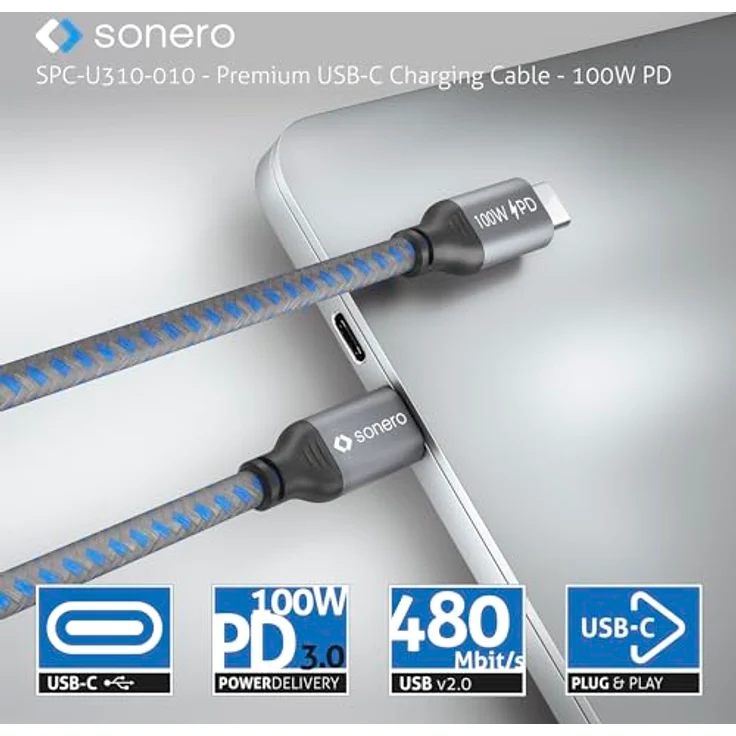 Sonero USB-C Ladekabel, 100W PD, grau/blau, 0,50m – Bild 5