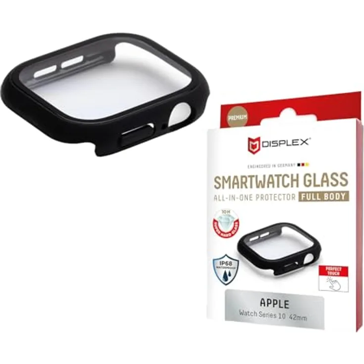 Displex 10H Panzerglas für Apple Watch 10 (42mm), Full Body Schutz, IP68 Wasserdicht, matt-schwarz, Snap-On Montage, Premium Smartwatch Glass Protector
