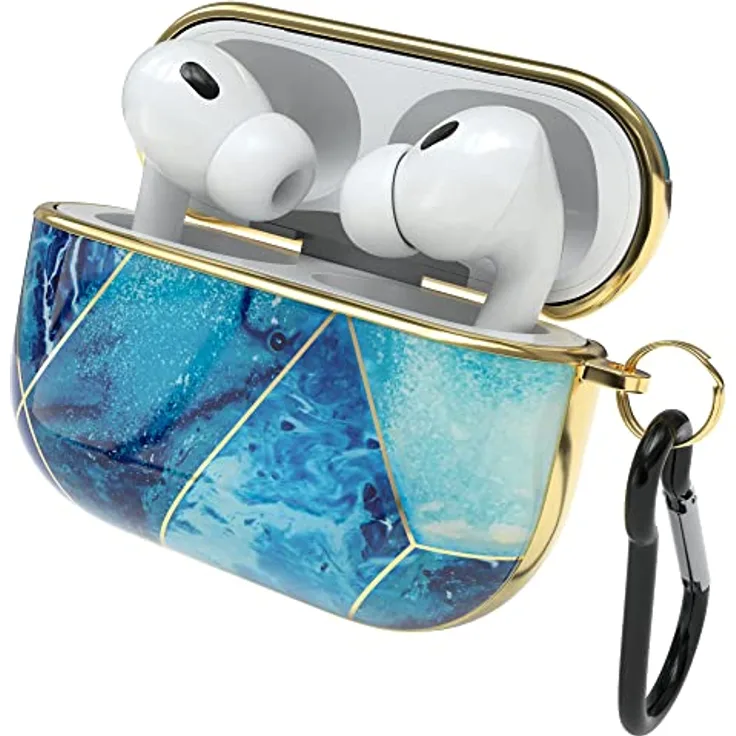 EAZY CASE Schutzhülle für AirPods Pro 2 Hülle Blau - Stoßfest mit Karabiner - Antikratz Etui - Rutschfest - Hardcase für Airpod Pro 2. Generation in Hellblau Marmor