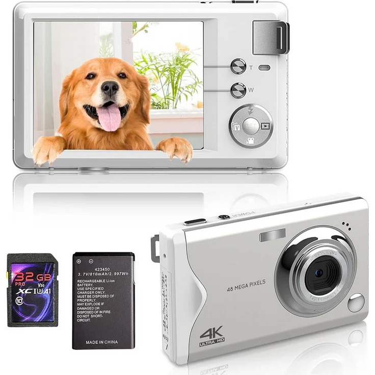 Fine Life Pro Kompaktkamera (48 MP, 16x Digitalzoom, Elektronischer Bildstabilisator, 4K HD 1080P Fotokam) in Schwarz