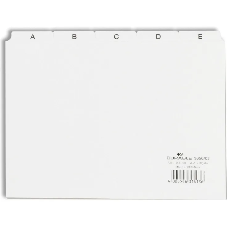 DURABLE Aktenordner DURABLE Leitregister A5 A-Z 25-tlg 3650/02 Kartei-Register, weiße Kunststoff-Taben mit individuell beschriftbaren Rückseiten