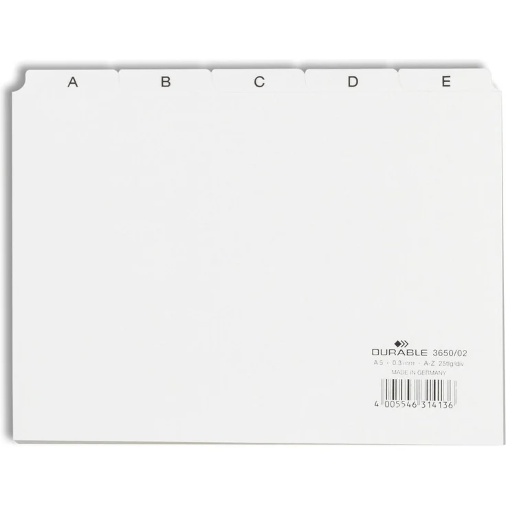 DURABLE Aktenordner DURABLE Leitregister A5 A-Z 25-tlg 3650/02 Kartei-Register, weiße Kunststoff-Taben mit individuell beschriftbaren Rückseiten – Bild 1