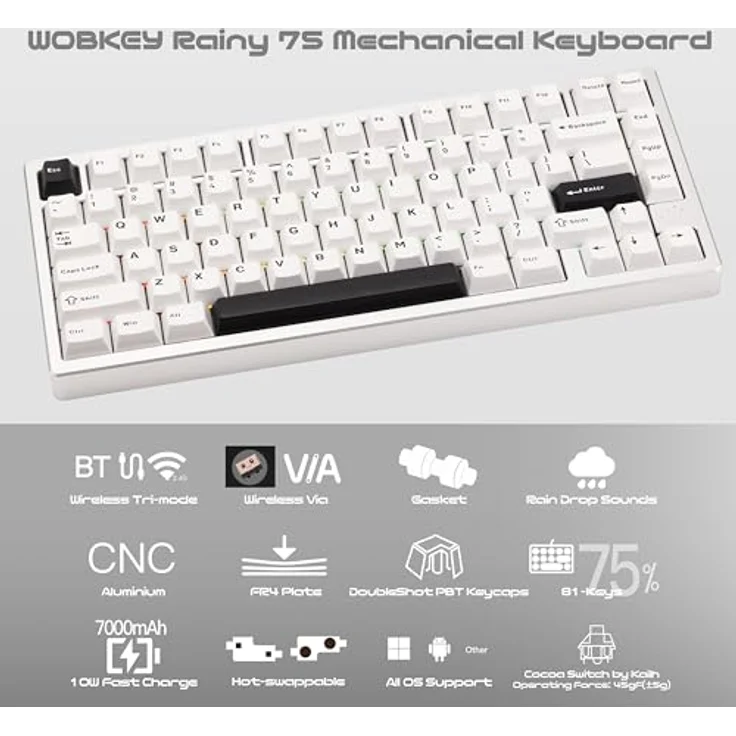 CutiePcs WOBKEY Rainy 75 Mechanische Tastatur, Aluminiumgehäuse, HMX/JWK Switches, Kabelgebunden und kabellos, Dazzling A-RGB Beleuchtung, Pro - Silber – Bild 2