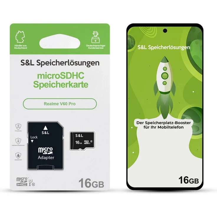Tec-Expert microSD Karte S&L für Realme V60 pro, 16 GB, Class 10, microSDHC, stoßfest und wasserdicht