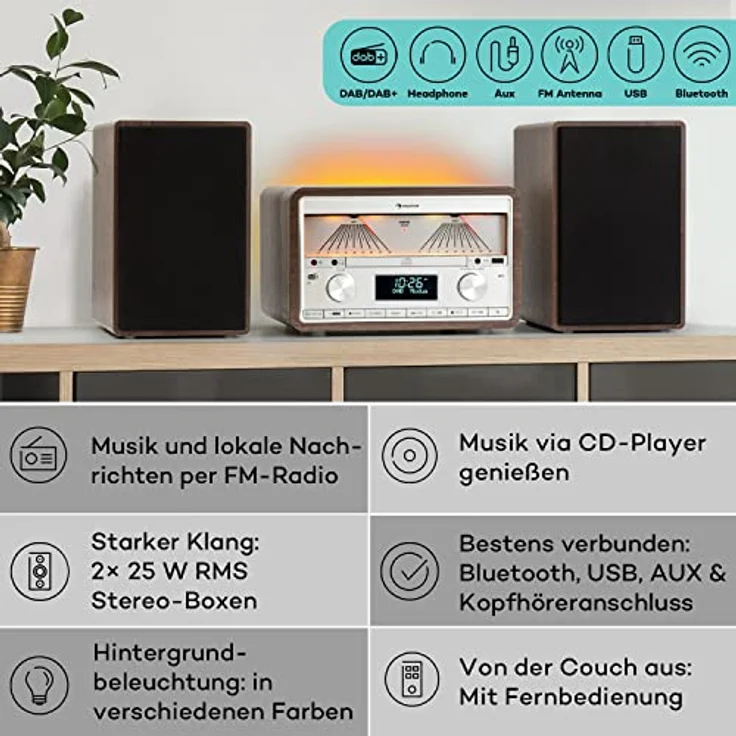 Auna DAB Radio CD-Player für Zuhause, FM/DAB/DAB+ Radio mit Bluetooth und AUX, 25W Abnehmbare Micro-Lautsprecher, LCD-Display, Fernbedienung, MP3, USB & Musik-Streaming, DAB Radio Netzbetrieben – Bild 2