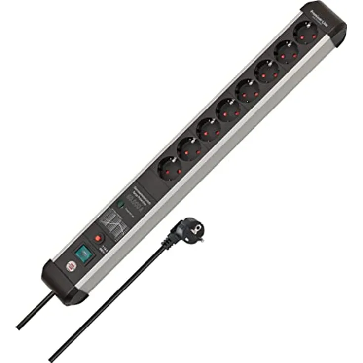 Brennenstuhl Premium-Protect-Line Steckdosenleiste 8-Fach mit Überspannungsschutz 60.000 A (Mehrfachsteckdose mit Schalter und 3m Kabel, Made in Germany) Silber/schwarz