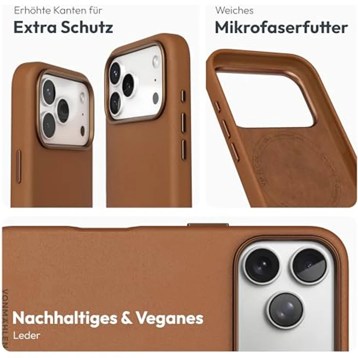 VONMÄHLEN Like Leather Case für iPhone 17 Pro – Edle vegane Lederhülle mit MagSafe-Kompatibilität, nachhaltig und elegant – Braun – Bild 3